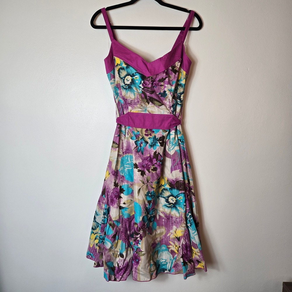 Torrid Floral Metallic Sun Dress Purple Teal Yellow Cotton Fit Flare Plus‎ 22
